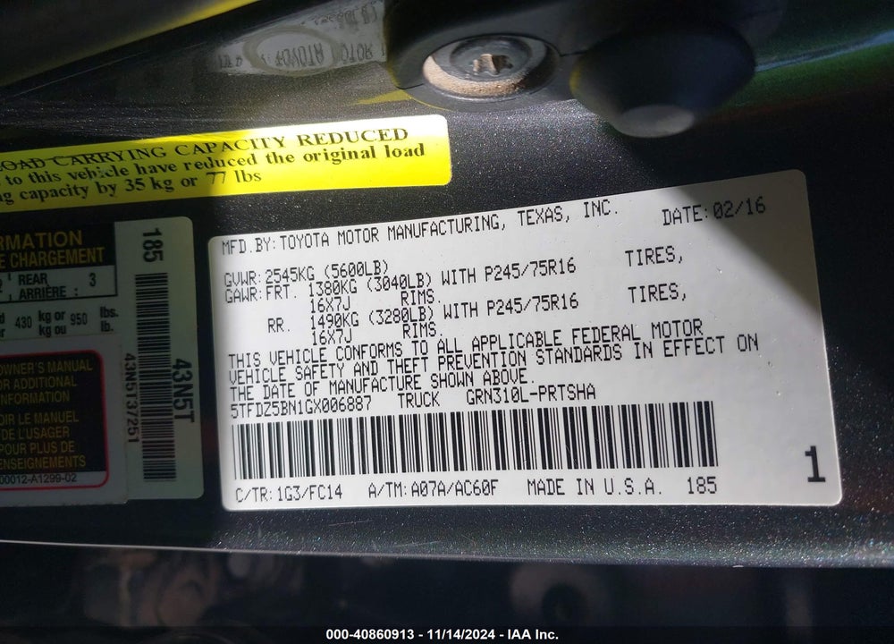 2016 TOYOTA TACOMA SR5 V6 VIN: 5TFDZ5BN1GX006887