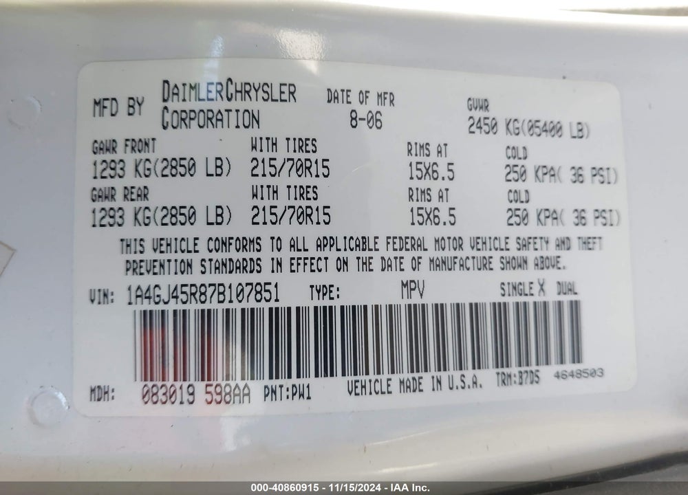 2007 CHRYSLER TOWN & COUNTRY VIN: 1A4GJ45R87B107851