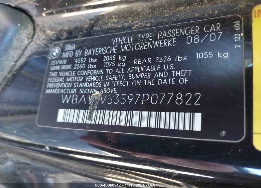 2007 BMW 328XI VIN: WBAWV53597P077822