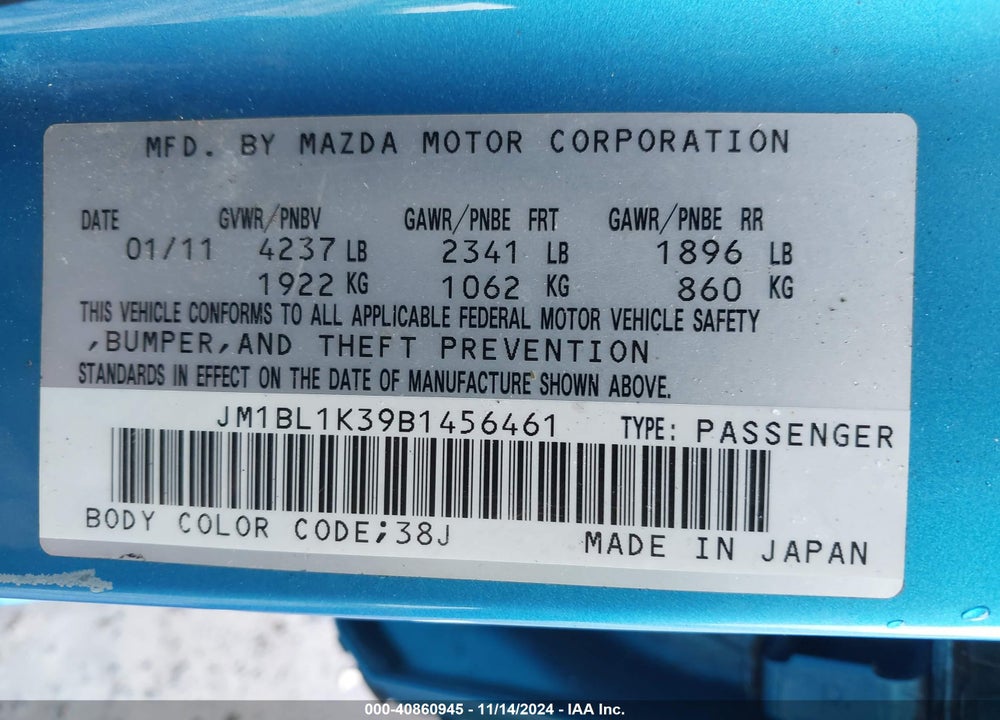 2011 MAZDA SPEED3 SPORT VIN: JM1BL1K39B1456461