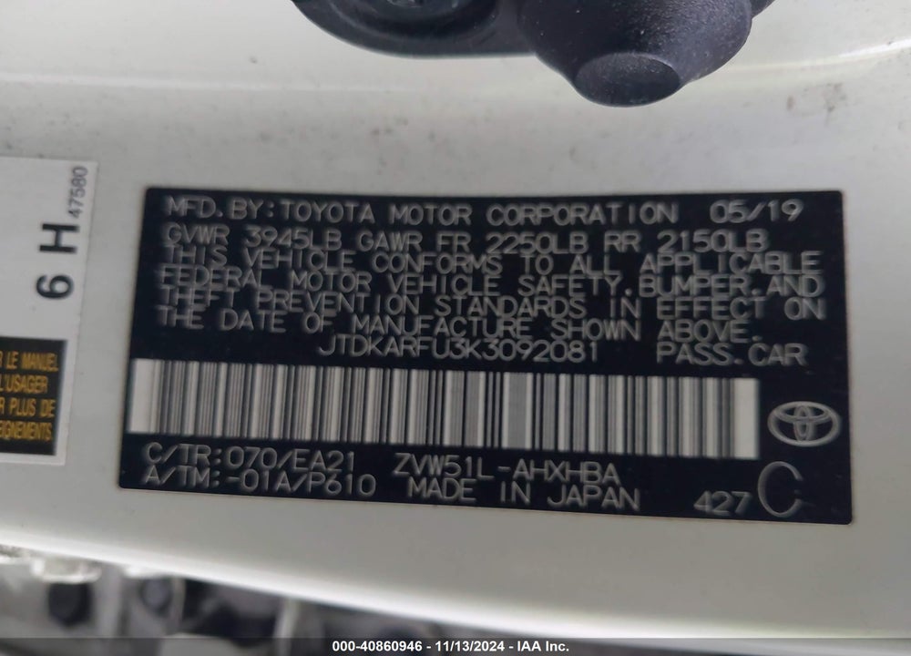 2019 TOYOTA PRIUS LIMITED VIN: JTDKARFU3K3092081