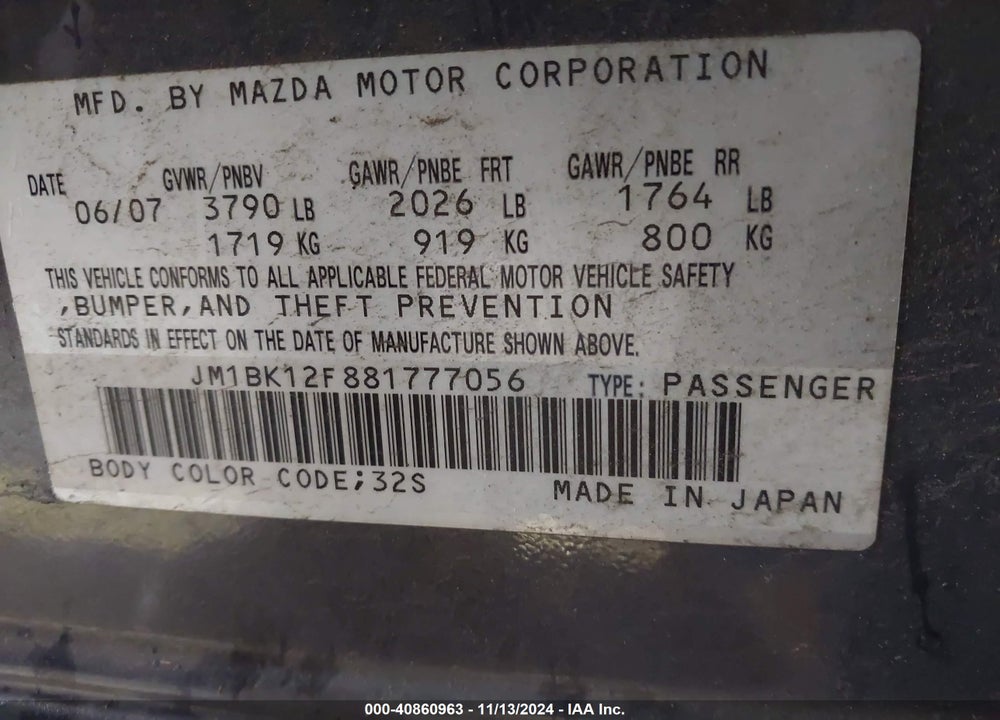 2008 MAZDA 3 I SPORT VIN: JM1BK12F881777056