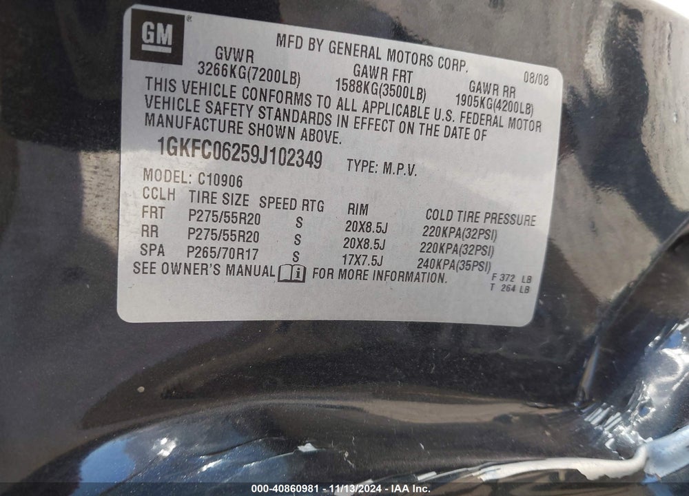 2009 GMC YUKON XL 1500 DENALI VIN: 1GKFC06259J102349