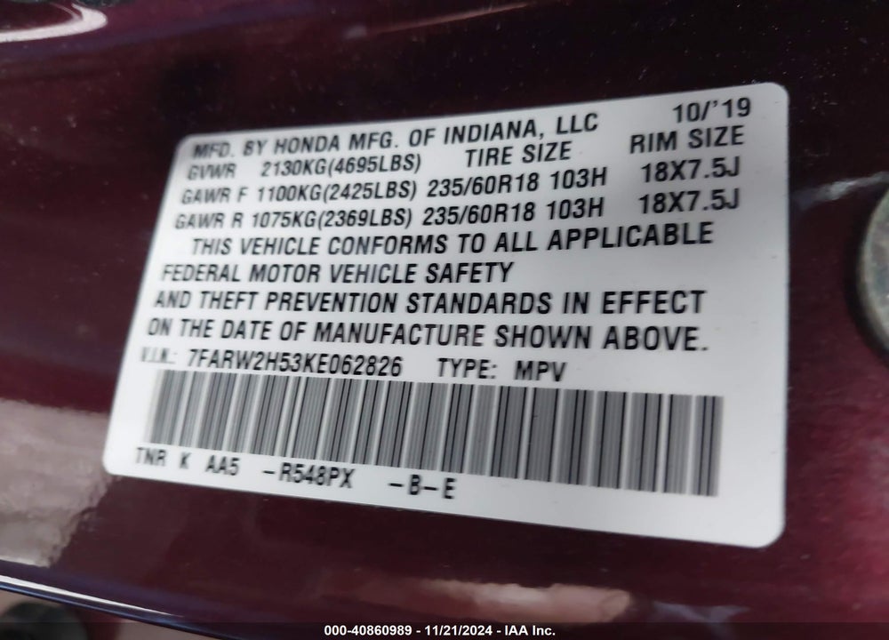 2019 HONDA CR-V EX VIN: 7FARW2H53KE062826