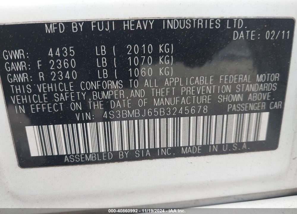 2011 SUBARU LEGACY 2.5I LIMITED VIN: 4S3BMBJ65B3245678