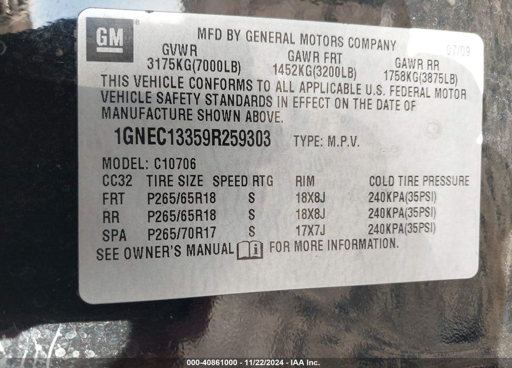 2009 CHEVROLET TAHOE LS VIN: 1GNEC13359R259303