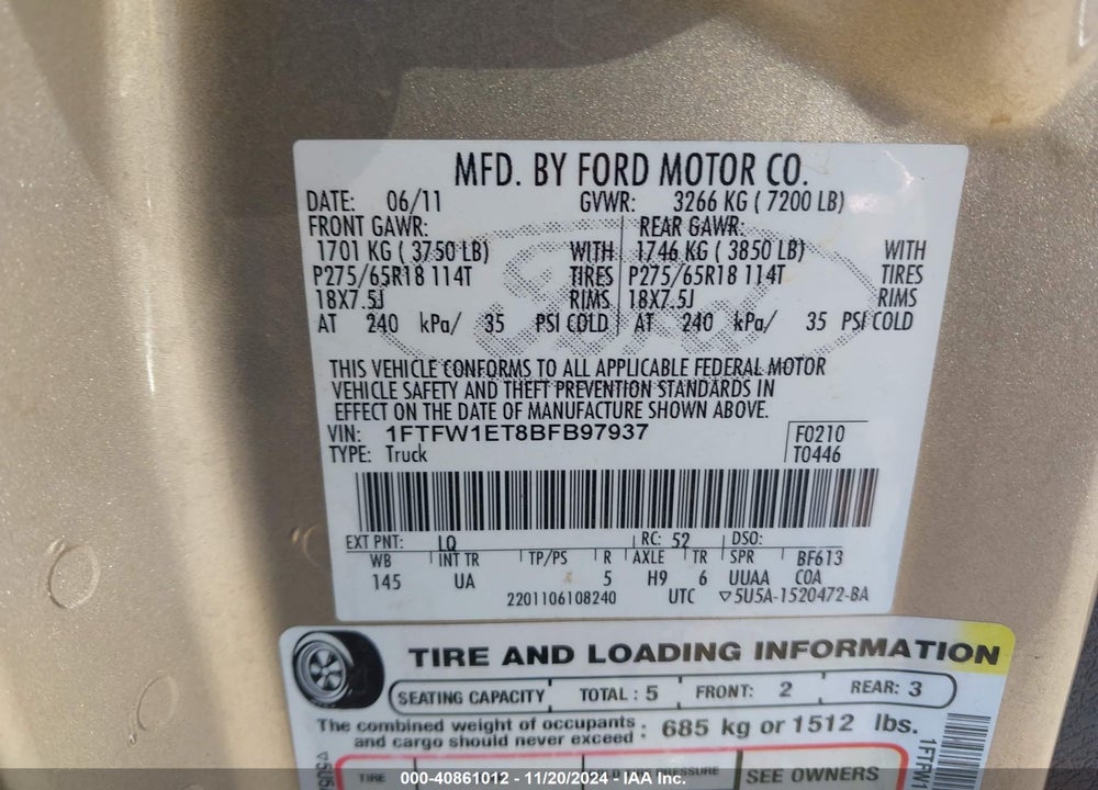 2011 FORD F-150 XLT VIN: 1FTFW1ET8BFB97937