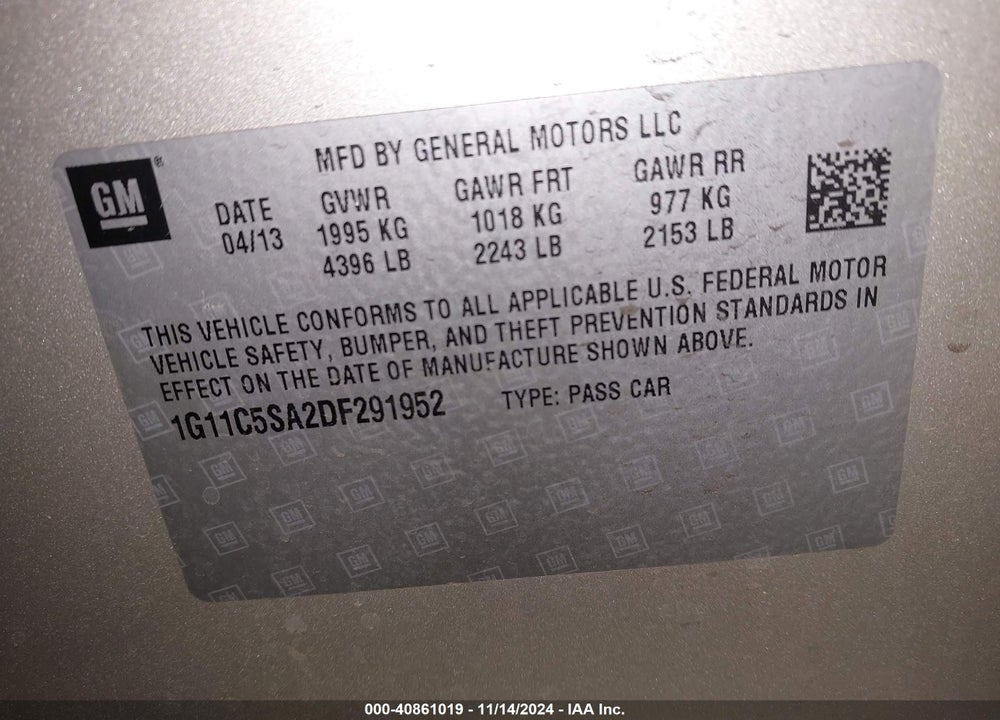 2013 CHEVROLET MALIBU 1LT VIN: 1G11C5SA2DF291952