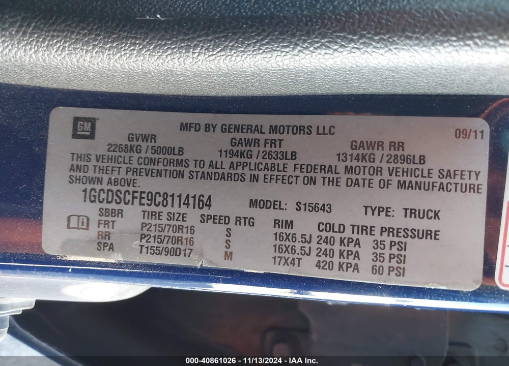 2012 CHEVROLET COLORADO 1LT VIN: 1GCDSCFE9C8114164