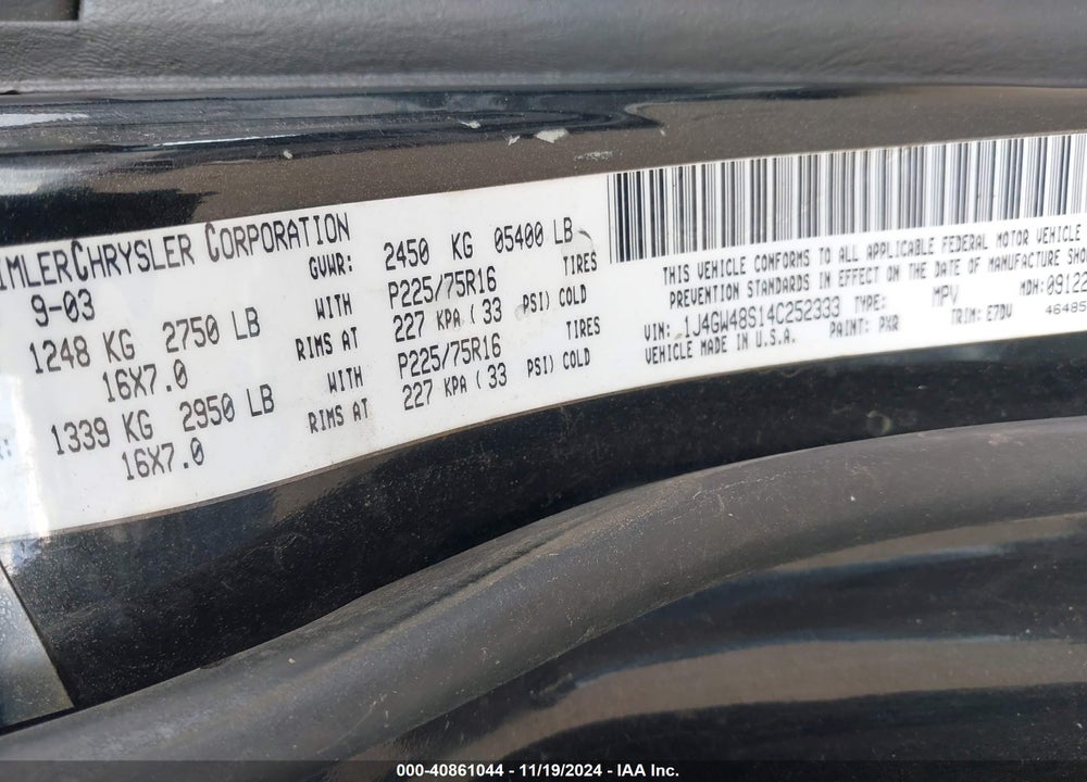 2004 JEEP GRAND CHEROKEE LAREDO VIN: 1J4GW48S14C252333
