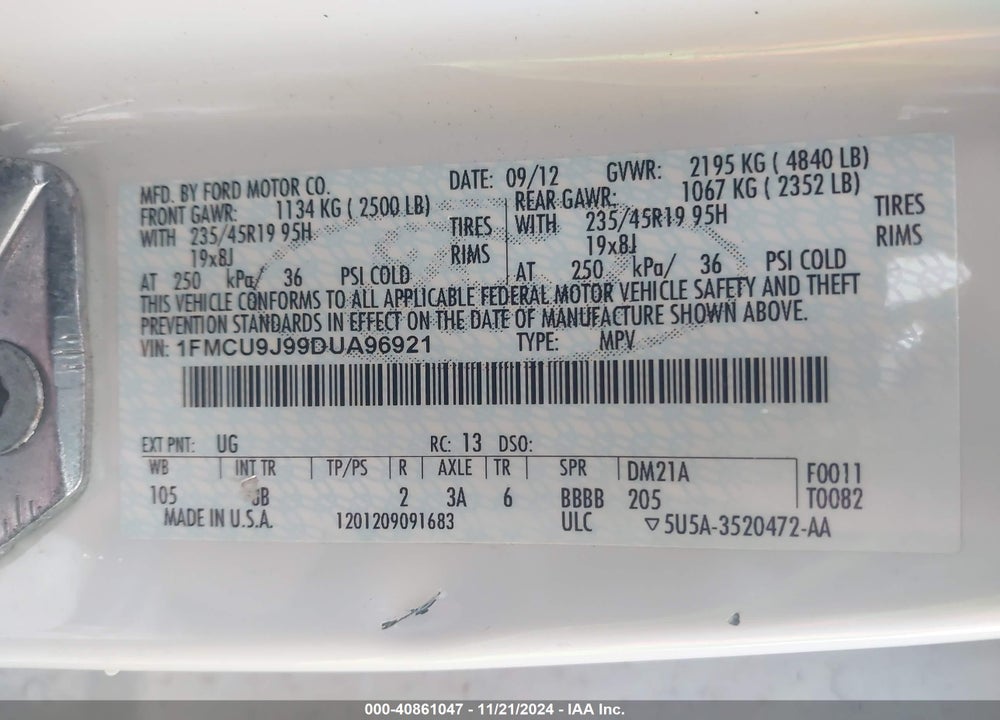 2013 FORD ESCAPE TITANIUM VIN: 1FMCU9J99DUA96921