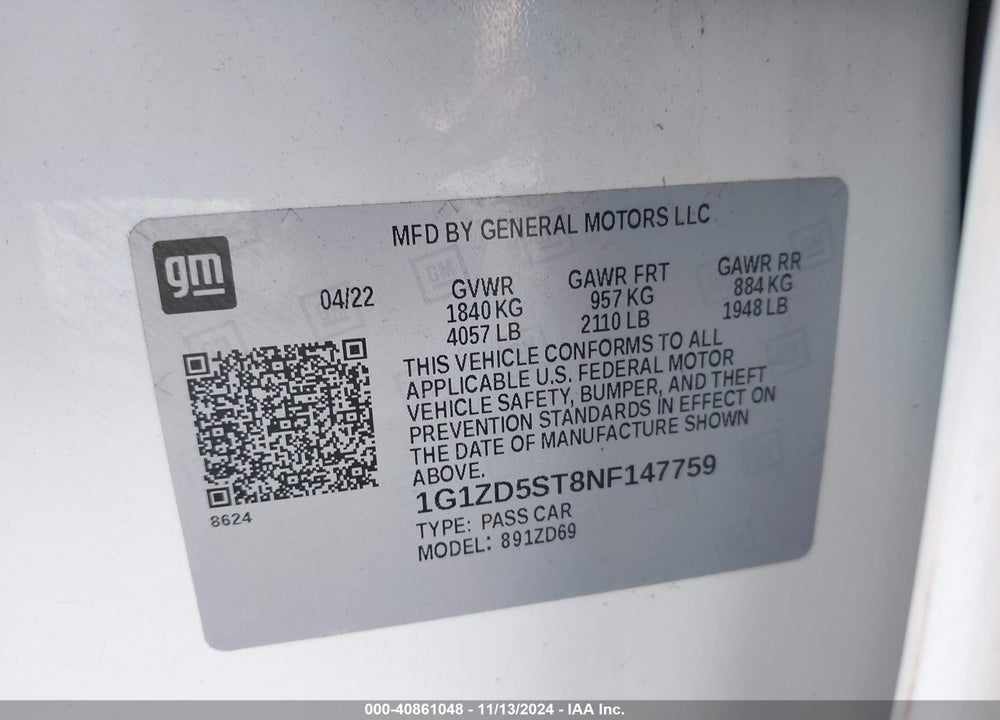 2022 CHEVROLET MALIBU FWD LT VIN: 1G1ZD5ST8NF147759