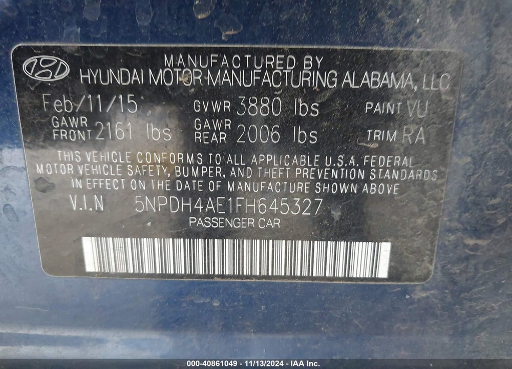 2015 HYUNDAI ELANTRA SE VIN: 5NPDH4AE1FH645327