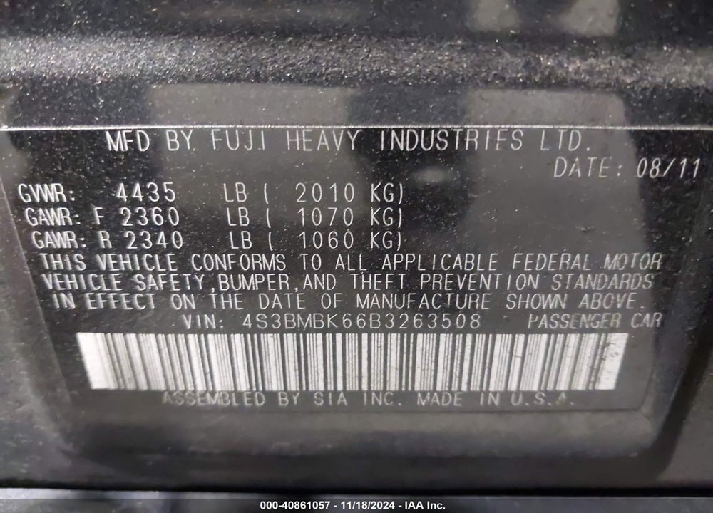 2011 SUBARU LEGACY 2.5I LIMITED VIN: 4S3BMBK66B3263508