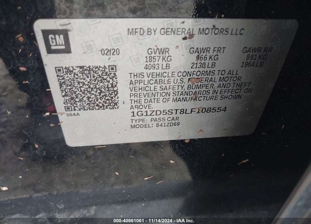 2020 CHEVROLET MALIBU FWD LT VIN: 1G1ZD5ST8LF108554