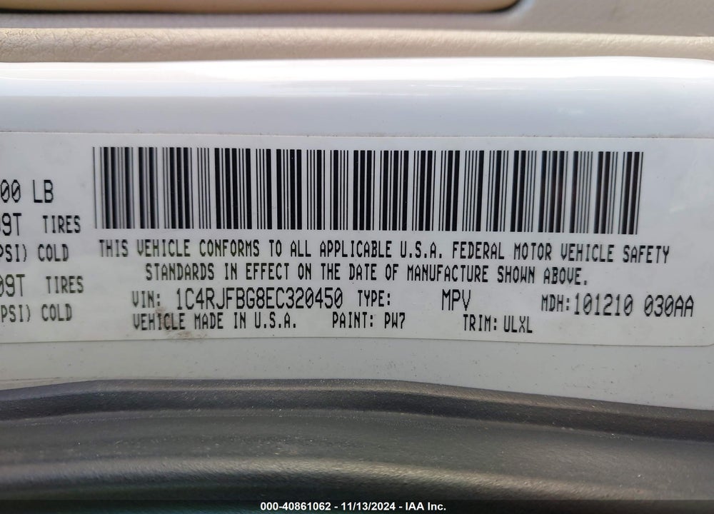 2014 JEEP GRAND CHEROKEE LIMITED VIN: 1C4RJFBG8EC320450