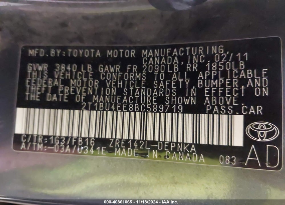 2011 TOYOTA COROLLA LE VIN: 2T1BU4EE8BC589719