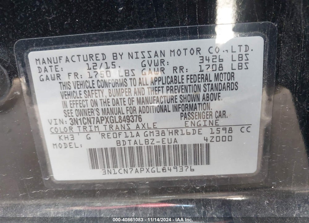 2016 NISSAN VERSA 1.6 SV VIN: 3N1CN7APXGL849376