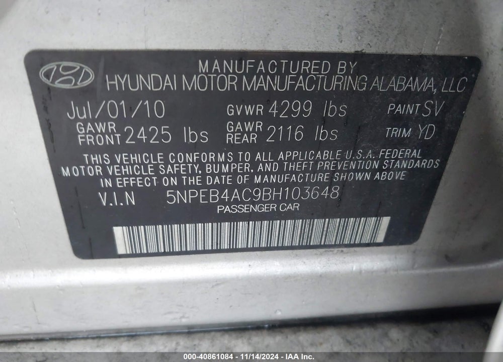 2011 HYUNDAI SONATA GLS VIN: 5NPEB4AC9BH103648