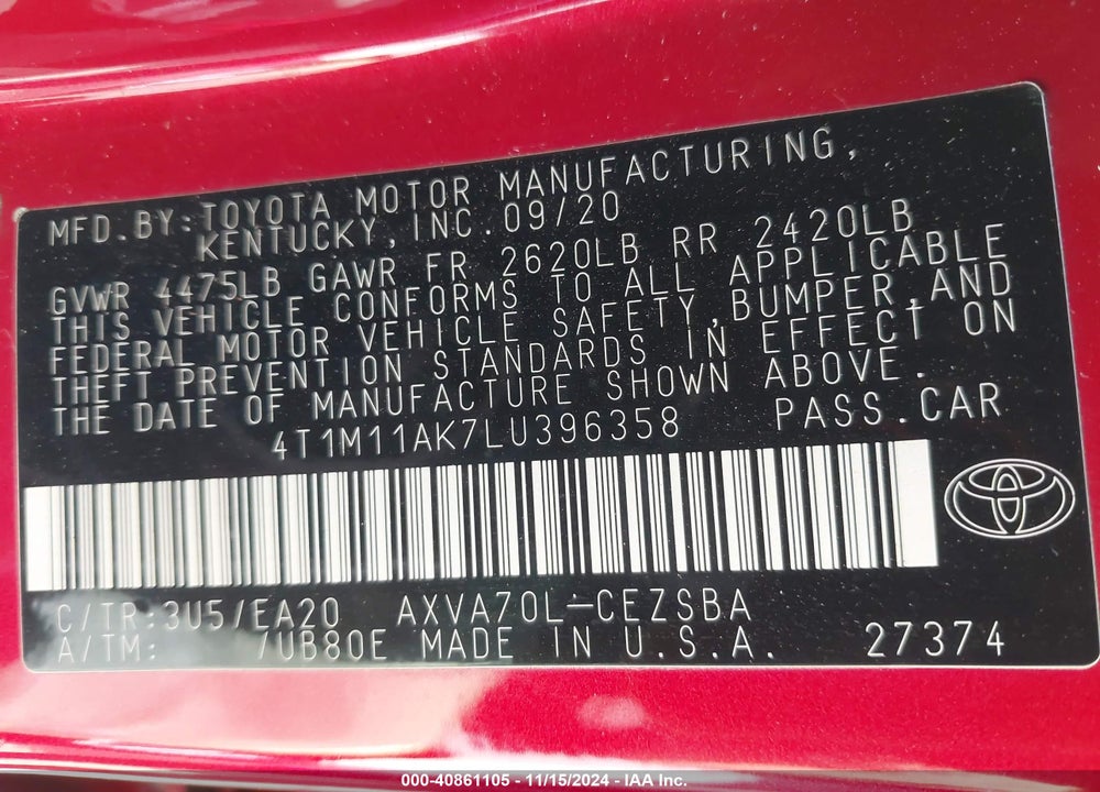 2020 TOYOTA CAMRY SE VIN: 4T1M11AK7LU396358