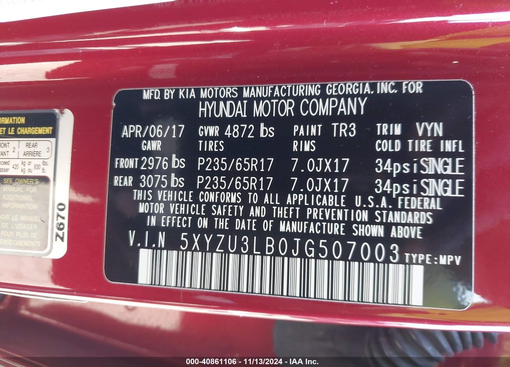 2018 HYUNDAI SANTA FE SPORT 2.4L VIN: 5XYZU3LB0JG507003