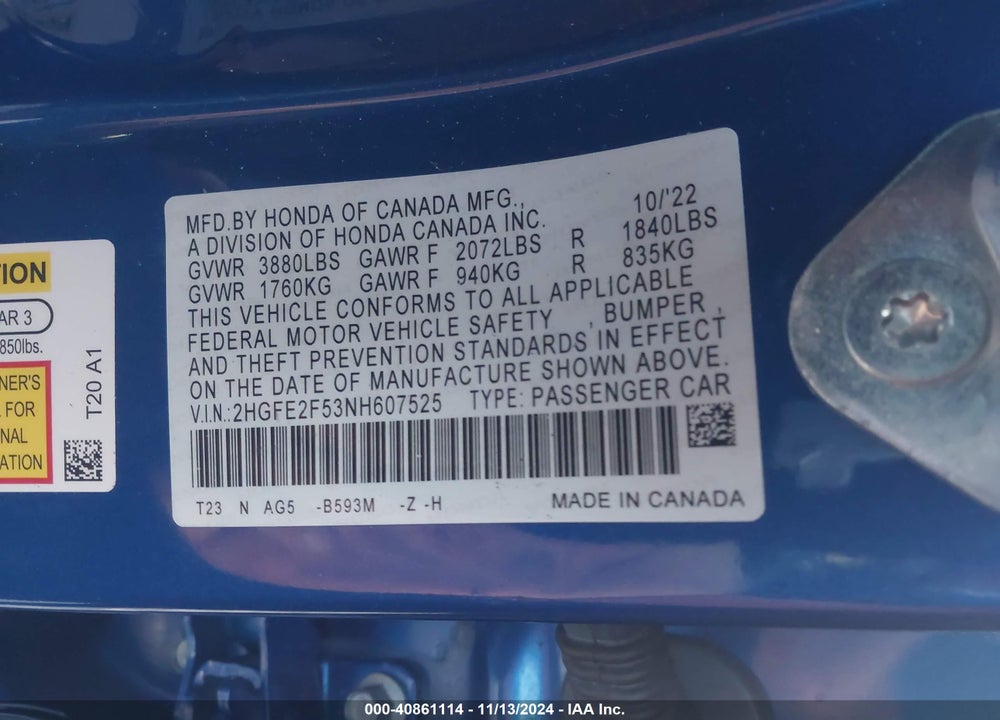2022 HONDA CIVIC SPORT VIN: 2HGFE2F53NH607525