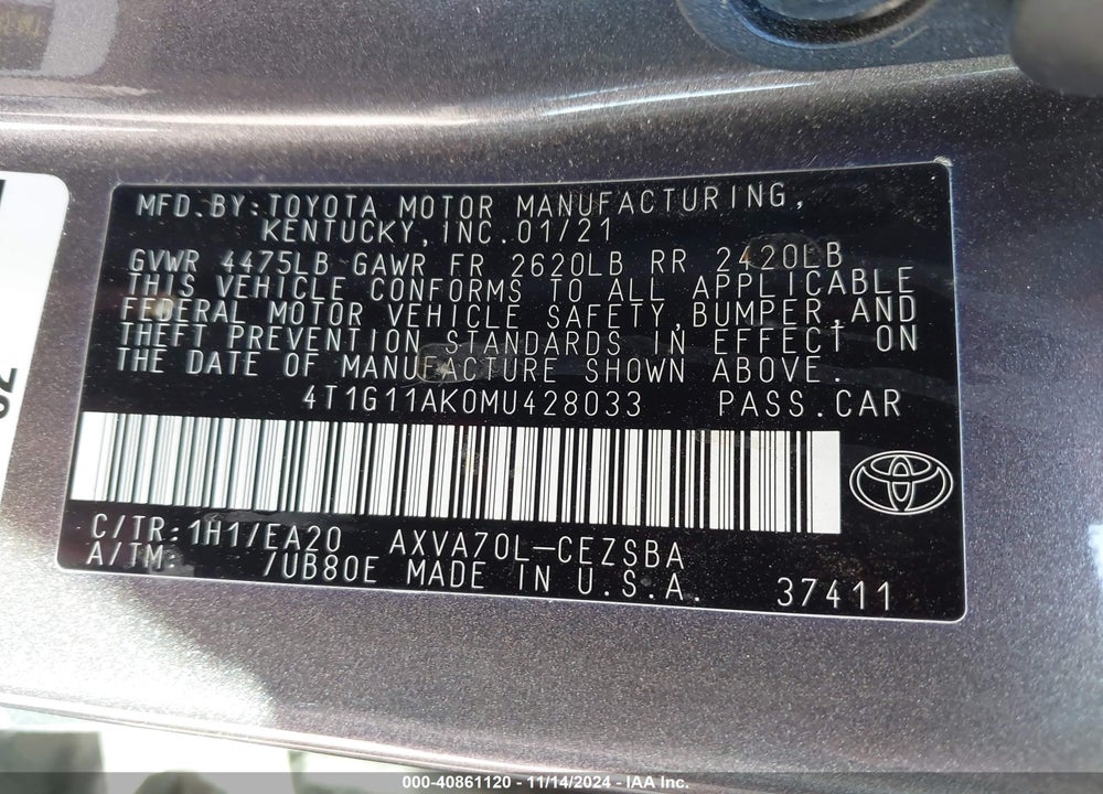 2021 TOYOTA CAMRY VIN: 4T1G11AK0MU428033