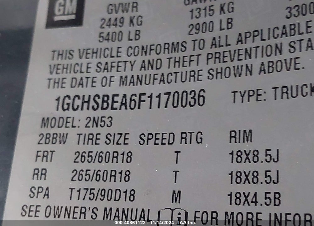 2015 CHEVROLET COLORADO VIN: 1GCHSBEA6F1170036