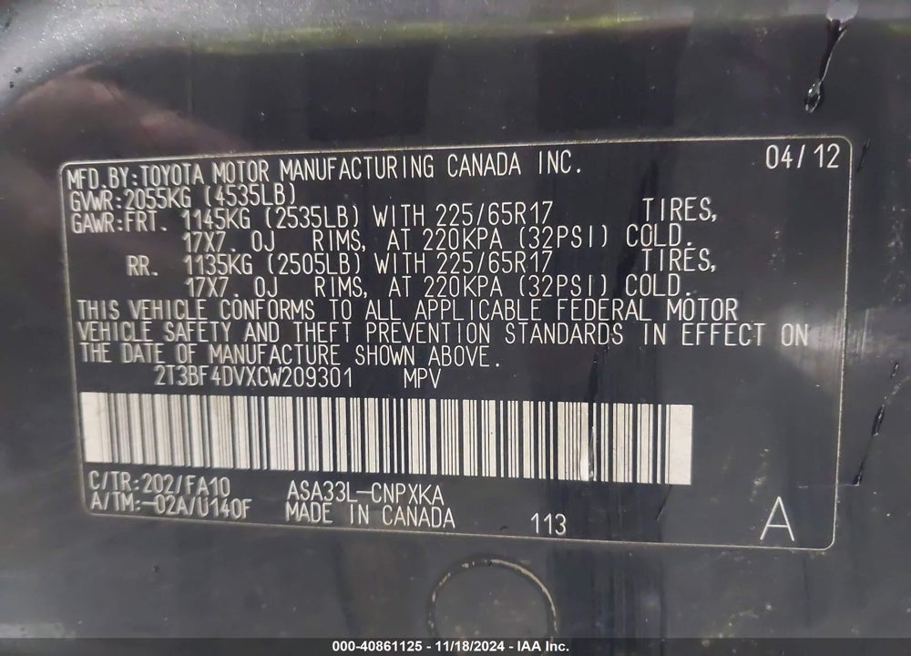 2012 TOYOTA RAV4 VIN: 2T3BF4DVXCW209301