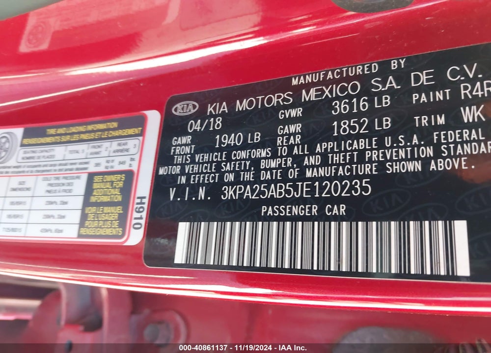 2018 KIA RIO S VIN: 3KPA25AB5JE120235