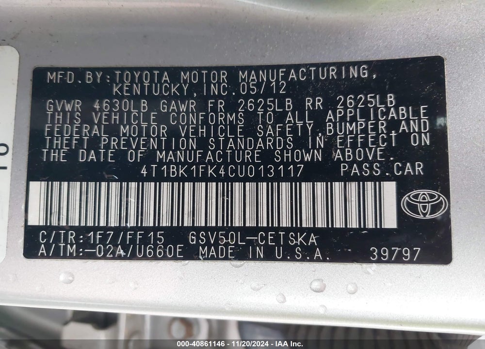 2012 TOYOTA CAMRY VIN: 4T1BK1FK4CU013117