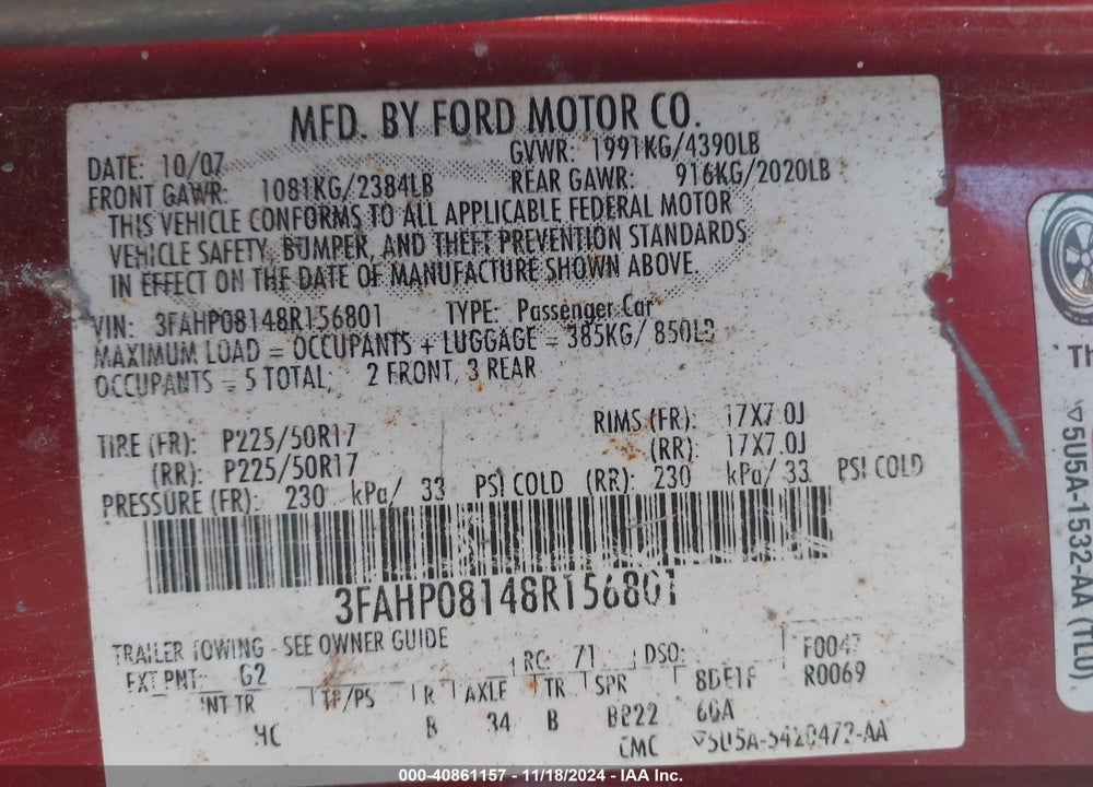 2008 FORD FUSION SEL VIN: 3FAHP08148R156801