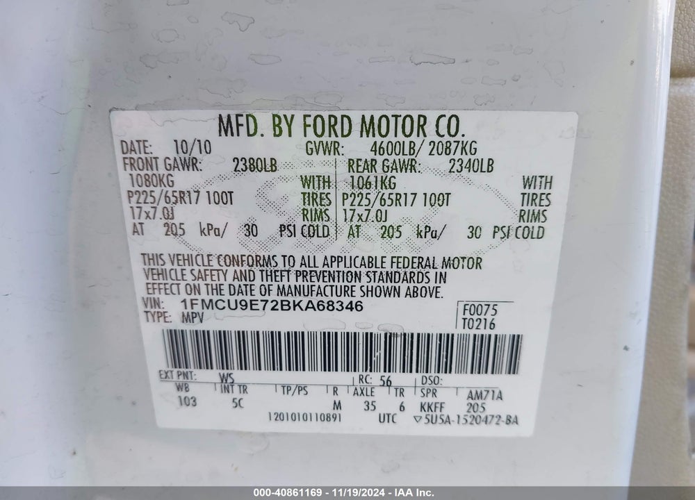 2011 FORD ESCAPE LIMITED VIN: 1FMCU9E72BKA68346