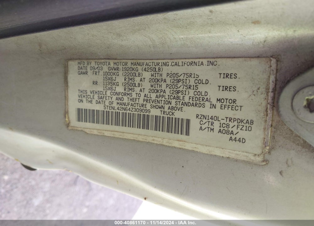 2004 TOYOTA TACOMA VIN: 5TENL42N64Z309099