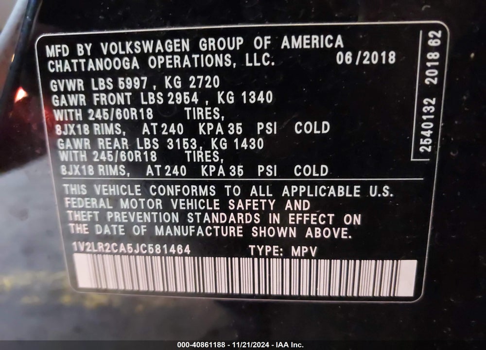 2018 VOLKSWAGEN ATLAS 3.6L V6 SE/3.6L V6 SE W/TECHNOLOGY VIN: 1V2LR2CA5JC581464