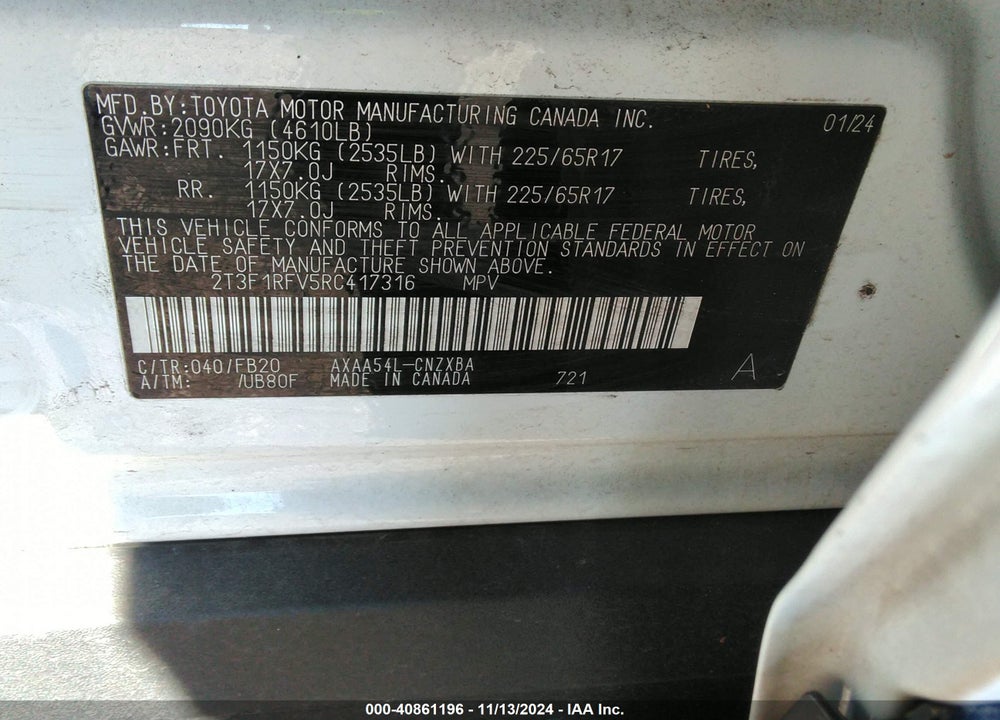 2024 TOYOTA RAV4 LE VIN: 2T3F1RFV5RC417316
