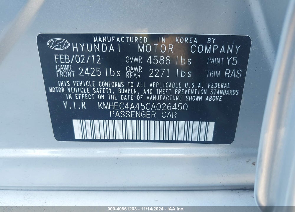 2012 HYUNDAI SONATA HYBRID VIN: KMHEC4A45CA026450