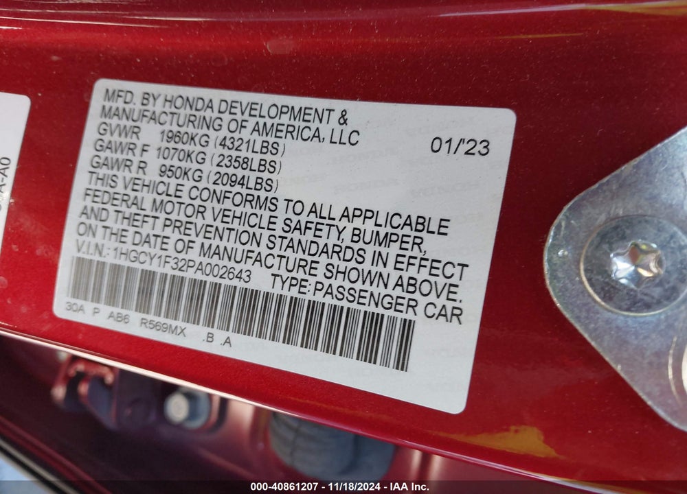2023 HONDA ACCORD EX VIN: 1HGCY1F32PA002643