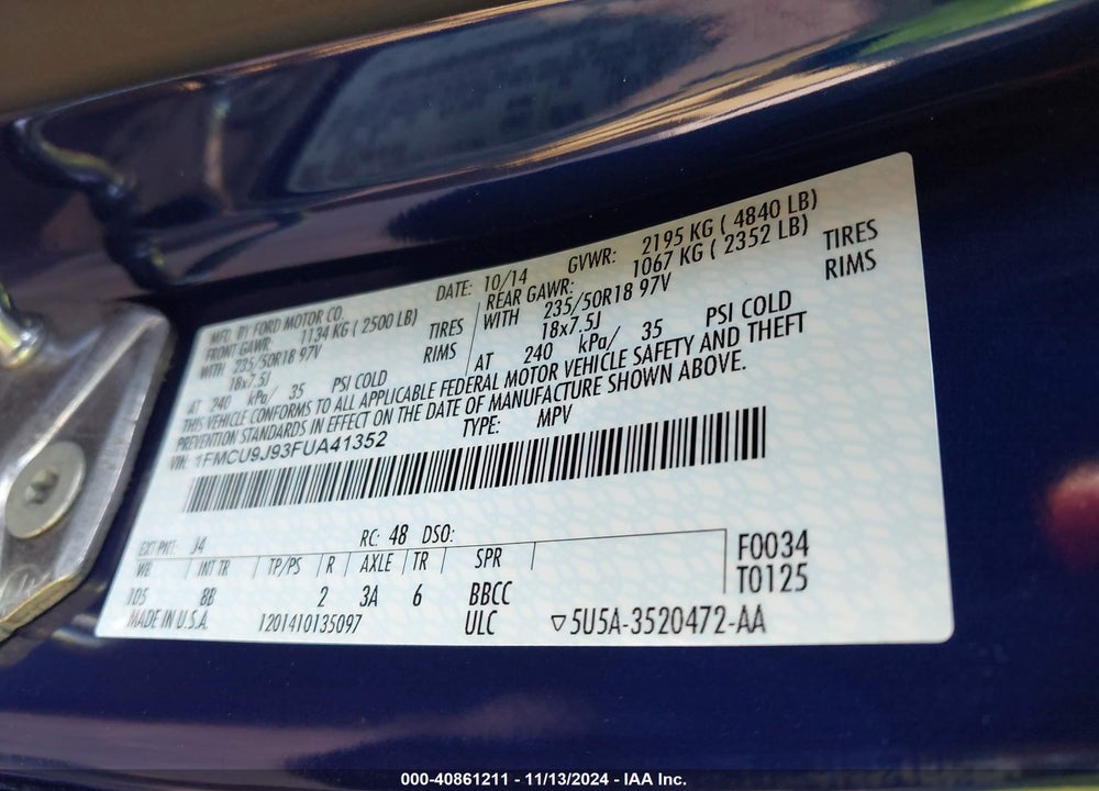 2015 FORD ESCAPE TITANIUM VIN: 1FMCU9J93FUA41352