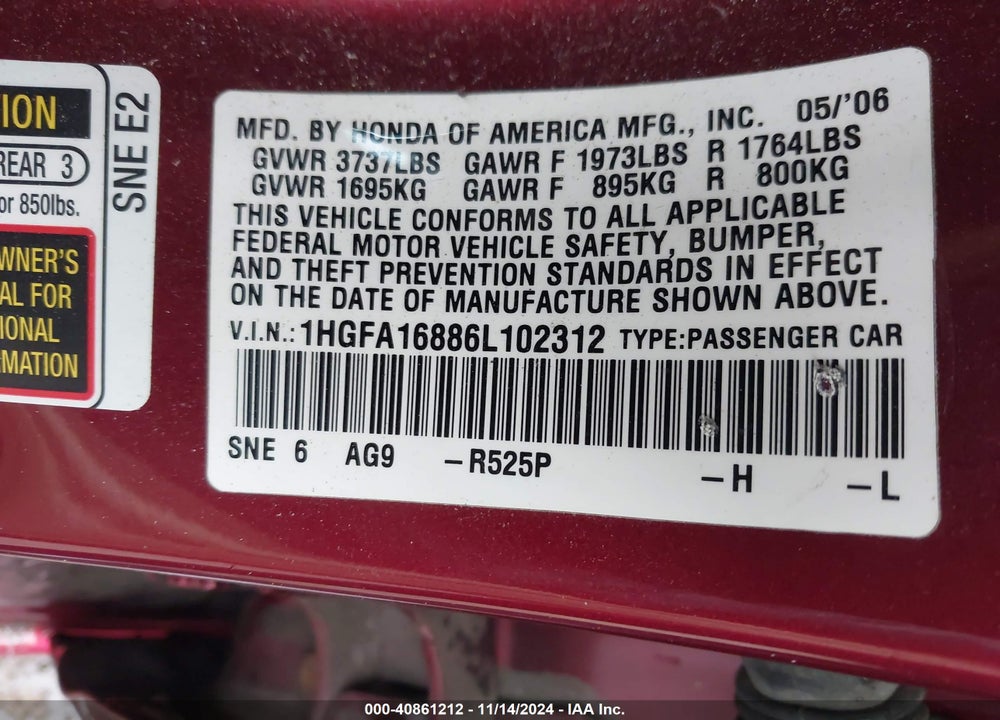 2006 HONDA CIVIC EX VIN: 1HGFA16886L102312