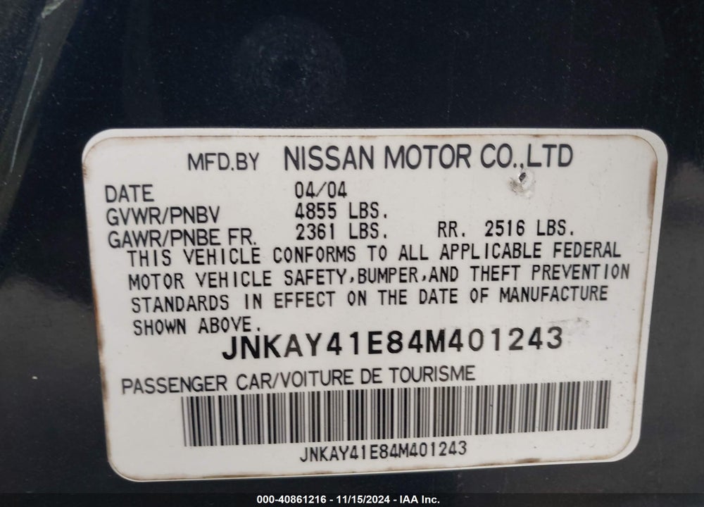 2004 INFINITI M45 SPORT VIN: JNKAY41E84M401243