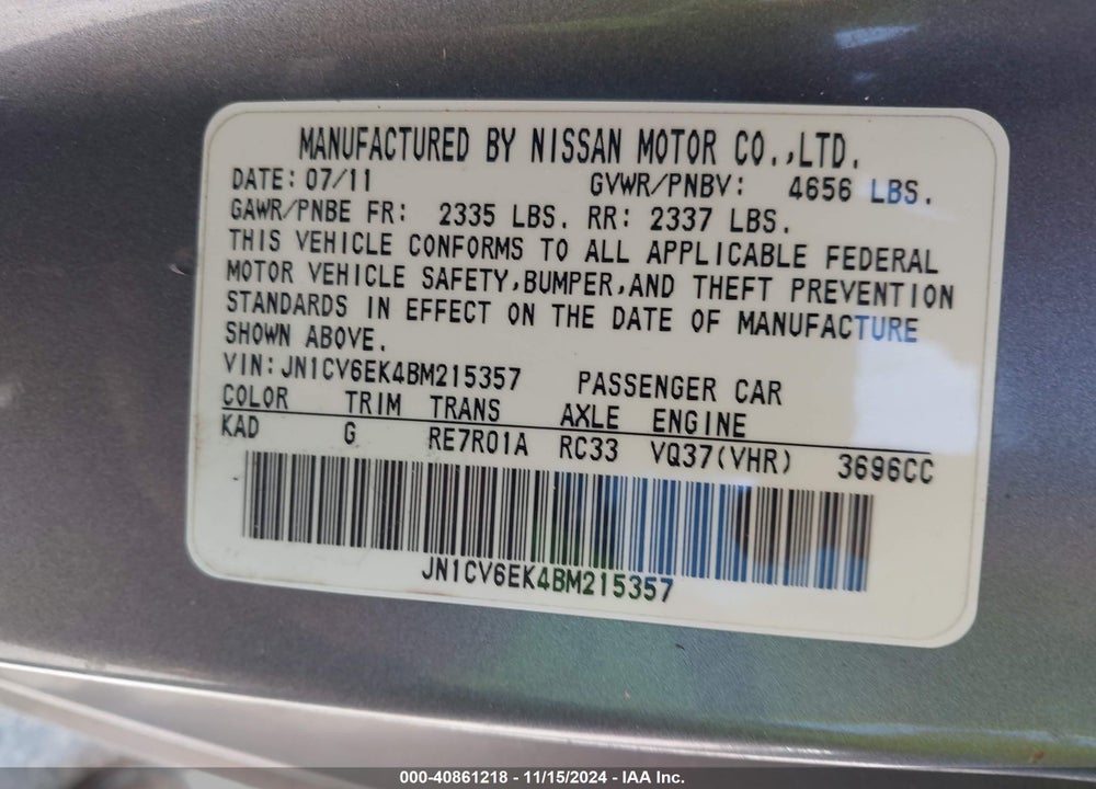 2011 INFINITI G37 JOURNEY VIN: JN1CV6EK4BM215357