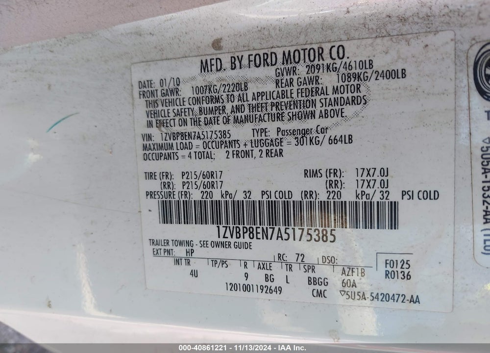 2010 FORD MUSTANG VIN: 1ZVBP8EN7A5175385