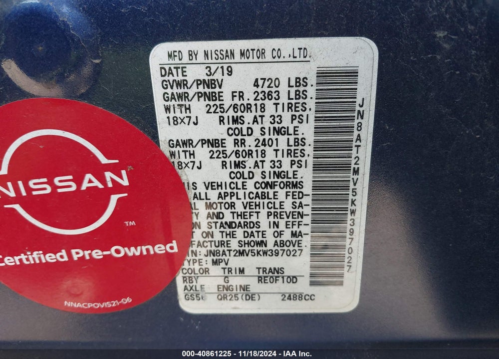2019 NISSAN ROGUE VIN: JN8AT2MV5KW397027