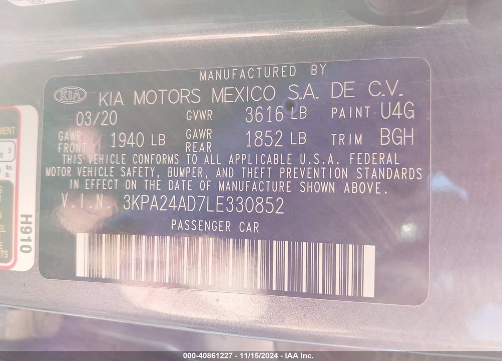 2020 KIA RIO S VIN: 3KPA24AD7LE330852