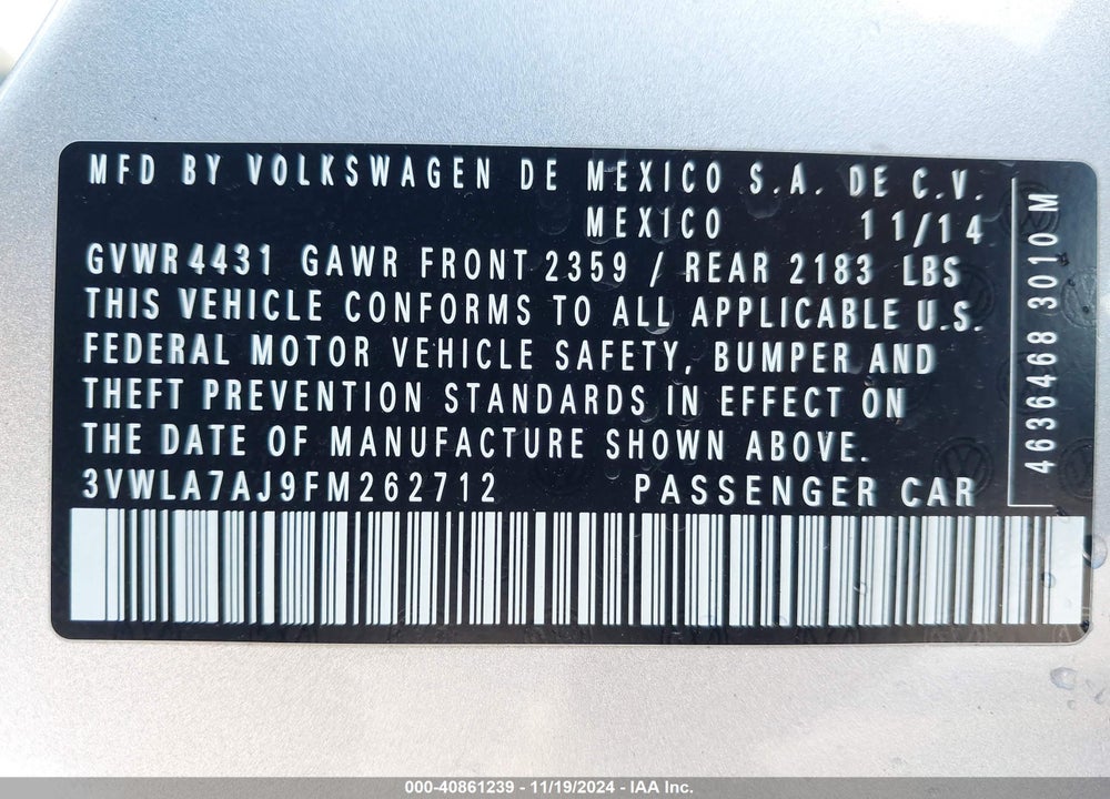 2015 VOLKSWAGEN JETTA 2.0L TDI SEL VIN: 3VWLA7AJ9FM262712