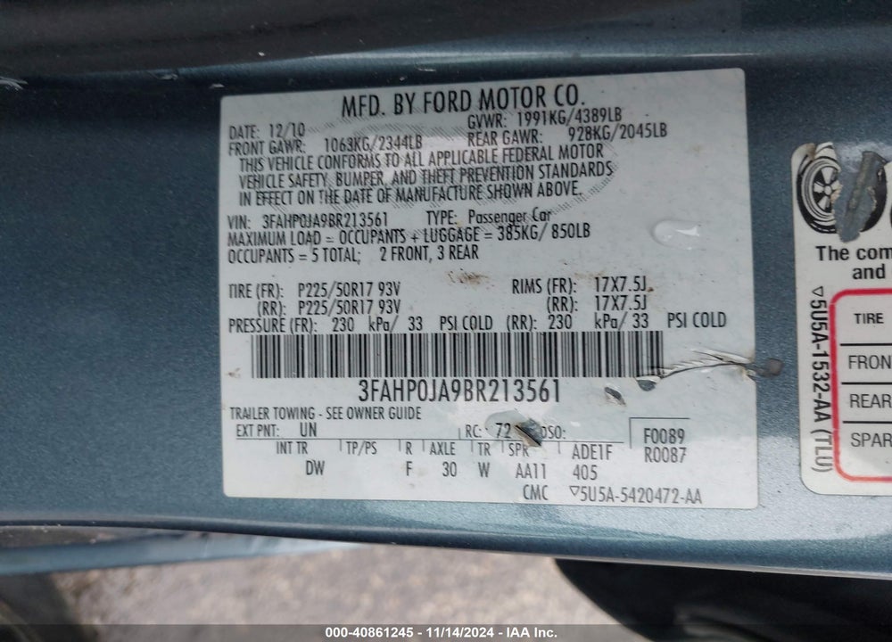 2011 FORD FUSION SEL VIN: 3FAHP0JA9BR213561