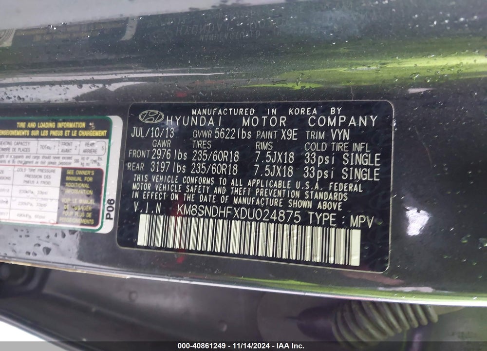 2013 HYUNDAI SANTA FE GLS VIN: KM8SNDHFXDU024875