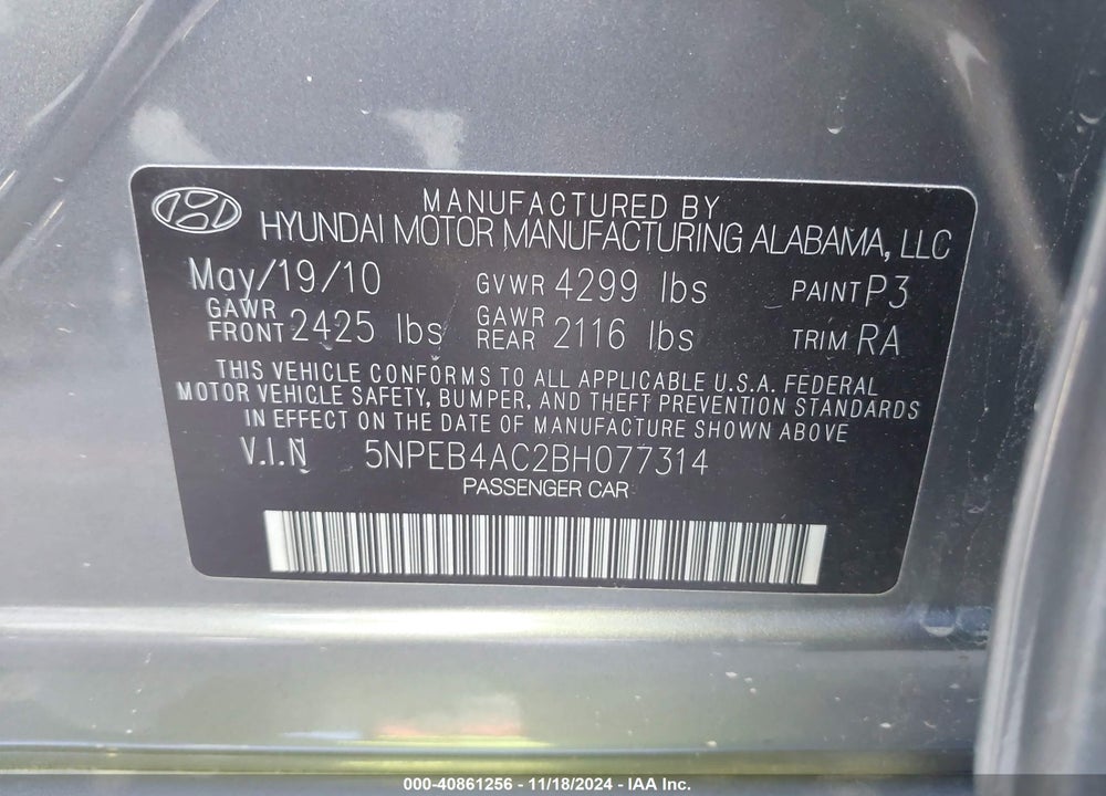 2011 HYUNDAI SONATA GLS VIN: 5NPEB4AC2BH077314