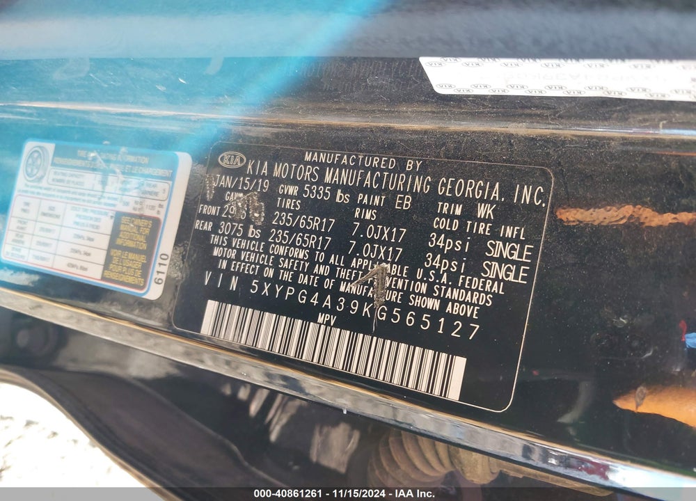2019 KIA SORENTO 2.4L L VIN: 5XYPG4A39KG565127